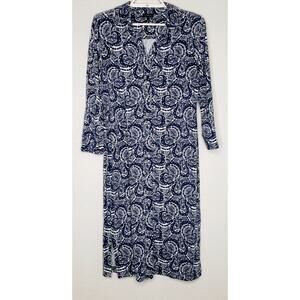 Talbots Midi Button Front Shift Dress Size Small Blue White Paisley Long Sleeve